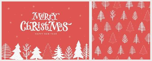 set of Christmas card, poster, invitation and seamless pattern decorated with white trees on red background. Good for prints, wrapping paper, wallpaper, etc. EPS 10 vector