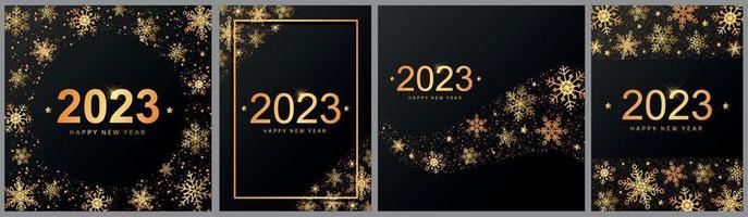 Set of Christmas and 2023 New year greeting cards, posters, prints, invitations, banners, templates decorated with text and gold snowflakes on black background. EPS 10 vector