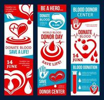 Blood donor center banner with red heart and drop vector