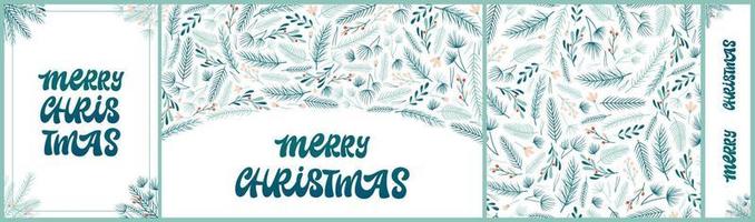 Set of Christmas greeting cards, banners, posters, seamless patter design. Lettering quote 'Merry Chrsitmas ' decorated with branches and berries on white background. EPS 10 vector