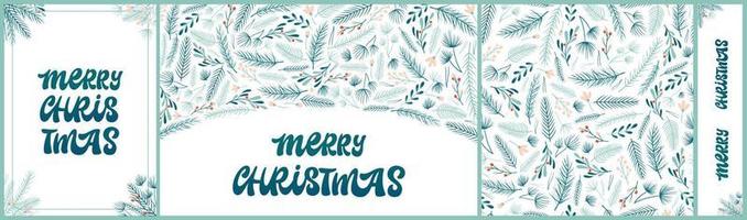 Set of Christmas greeting cards, banners, posters, seamless patter design. Lettering quote 'Merry Chrsitmas ' decorated with branches and berries on white background. EPS 10 vector