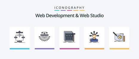 El desarrollo web y la línea de estudio web llenaron el paquete de 5 iconos, incluido el marco. contenido. página web. web. sitio. diseño de iconos creativos vector