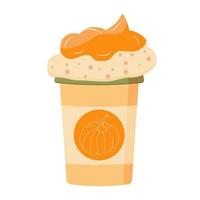 Pumpkin spice latte, autumn coffee in orange paper cup. Vector illustration.