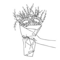 Bouquet in hand. Hand-drawn vector line-art illustration. One Line style drawing.