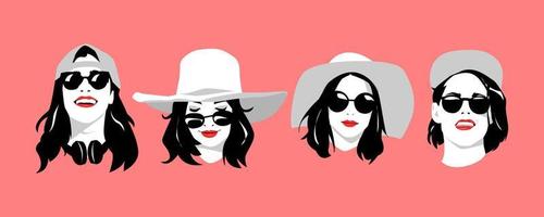 icon set of portraits of beautiful women in glasses, different hairstyles, wearing hats. silhouette vector design.