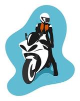 chica motorista usando un casco de jinete. sentado en una moto deportiva. para impresión, póster, pegatina, etc. ilustración vectorial plana. vector