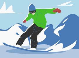 snowboarder masculino jugando snowboard en invierno. al aire libre, nieve. tema de invierno, deporte, hobby, actividad. fondo de montaña nevada. ilustración plana vectorial.
