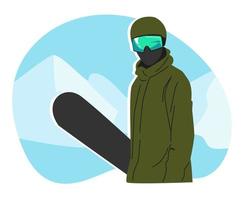 snowboarder in full outfit. helmet, ski goggles, snowboard, mask, warm clothing. half body. snow mountain background. concept of winter, season, sport, relax. flat vector illustration