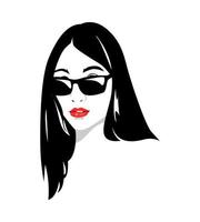 portrait of a girl with long hair and wearing glasses. vector design. silhouette. isolated white background.