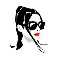 retrato de una mujer con un peinado de cola de caballo con gafas. diseño vectorial silueta. fondo blanco aislado. vector