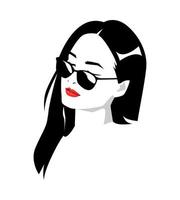 retrato de una hermosa chica con cabello largo y gafas. cerrando los ojos diseño vectorial silueta. fondo blanco aislado. vector