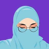 portrait of a beautiful woman wearing a hijab and veil, wearing glasses. isolated purple background. avatar or profile for social media. vector flat illustration