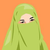 portrait of a beautiful woman wearing a hijab and veil in green. isolated orange background. avatar or profile for social media. vector flat illustration