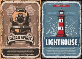 Nautical lighthouse and vintage diver helmet vector