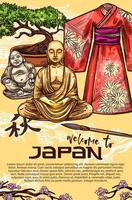Japanese kimono, pagoda, bonsai and Buddha statue vector
