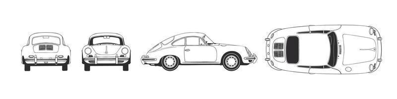 Sketch sports retro car. Hand drawn car front back top and side view. Vector image