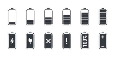 Charging icons. Phone charging indicator. The battery is charging signs. Battery charging status. Vector illustration