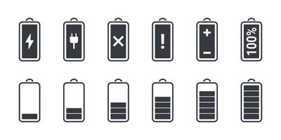 concepto de iconos de carga. indicador de carga del teléfono. la batería está cargando señales. iconos de estado de carga de la batería negra. ilustración vectorial vector