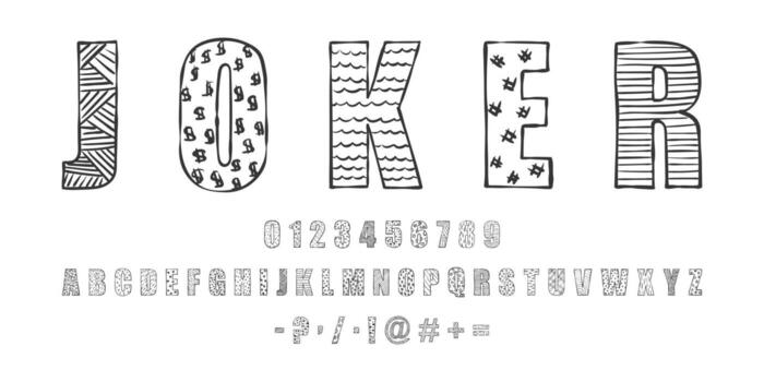 Joker font. Works well in large to medium sizes. Hand drawn font. Unique vector font