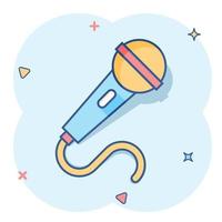 Microphone icon in comic style. Mic broadcast vector cartoon illustration pictogram. Microphone mike speech business concept splash effect.