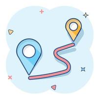 Distance pin icon in comic style. Gps navigation vector cartoon illustration on white isolated background. Communication travel business concept splash effect.