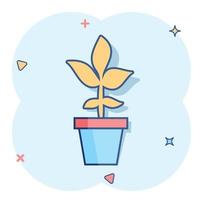 Vector cartoon flower pot icon in comic style. Seedling flower concept illustration pictogram. Floral leaf business splash effect concept.