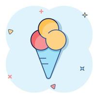 icono de helado en estilo cómico. ilustración de vector de dibujos animados de sundae sobre fondo blanco aislado. concepto de negocio de efecto de salpicadura de postre de sorbete.