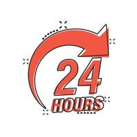 24 hours service icon in comic style. All day business and service cartoon vector illustration on isolated background. Quick service time splash effect sign business concept.