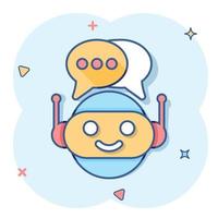 Cute robot chatbot icon in comic style. Bot operator vector cartoon illustration pictogram. Smart chatbot character business concept splash effect.