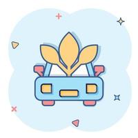 icono de coche ecológico en estilo cómico. ilustración de vector de dibujos animados de hoja y auto sobre fondo blanco aislado. concepto de negocio de señal de efecto de salpicadura de carga biológica.