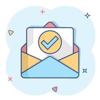 Envelope with confirmed document icon in comic style. Verify cartoon vector illustration on white isolated background. Receive splash effect business concept.