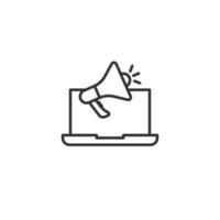 Laptop with megaphone speaker icon in flat style. Notebook bullhorn vector illustration on white isolated background. Computer subscribe business concept.
