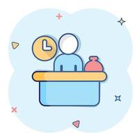 Check in reception icon in comic style. Booking service cartoon vector illustration on white isolated background. Hotel reservation splash effect business concept.