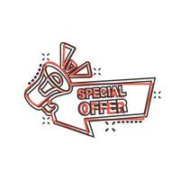 Special offer label icon in comic style. Megaphone with discount cartoon vector illustration on isolated background. Sale splash effect sign business concept.