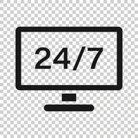 24 7 computer icon in flat style. All day service vector illustration on white isolated background. Support business concept.