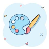 Paint brush icon in comic style. Palette cartoon vector illustration on white isolated background. Painter instrument splash effect business concept.