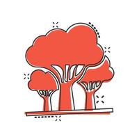 icono de árbol en estilo cómico. ilustración de vector de dibujos animados de bosque sobre fondo blanco aislado. concepto de negocio de signo de efecto de salpicadura de planta.