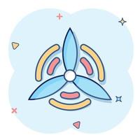 Wind power plant icon in comic style. Turbine cartoon vector illustration on white isolated background. Air energy splash effect sign business concept.