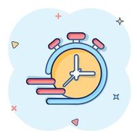 icono de reloj en estilo cómico. ilustración de vector de dibujos animados de negocios y servicios de todo el día sobre fondo aislado. concepto de negocio de signo de efecto de salpicadura de tiempo de servicio rápido.