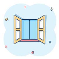 icono de ventana en estilo cómico. ilustración vectorial de dibujos animados abatibles sobre fondo aislado. concepto de negocio de signo de efecto de salpicadura interior de casa. vector