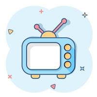 icono de monitor de televisión de dibujos animados vectoriales en estilo cómico. pictograma de ilustración de concepto de pantalla de tv. concepto de efecto de salpicadura de negocio de espectáculos de televisión. vector