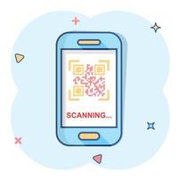 icono de teléfono de escaneo de código qr en estilo cómico. escáner en la ilustración de dibujos animados de vector de teléfono inteligente sobre fondo blanco aislado. efecto de salpicadura de concepto de negocio de código de barras.