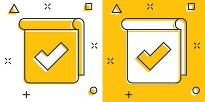 icono de lista de verificación de documentos en estilo cómico. informar ilustración vectorial de dibujos animados sobre fondo blanco aislado. concepto de negocio de efecto de salpicadura de hoja de papel. vector