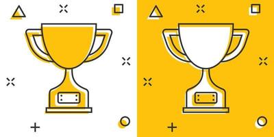 Trophy cup icon in comic style. Goblet prize cartoon vector illustration on isolated background. Award splash effect sign business concept.