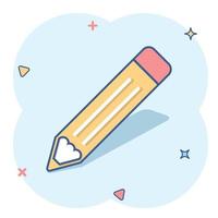 Vector cartoon pencil icon in comic style. Pen sign illustration pictogram. Pencil business splash effect concept.