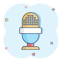 Microphone icon in comic style. Mic broadcast vector cartoon illustration pictogram. Microphone mike speech business concept splash effect.