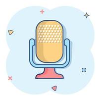 Microphone icon in comic style. Mic broadcast vector cartoon illustration pictogram. Microphone mike speech business concept splash effect.