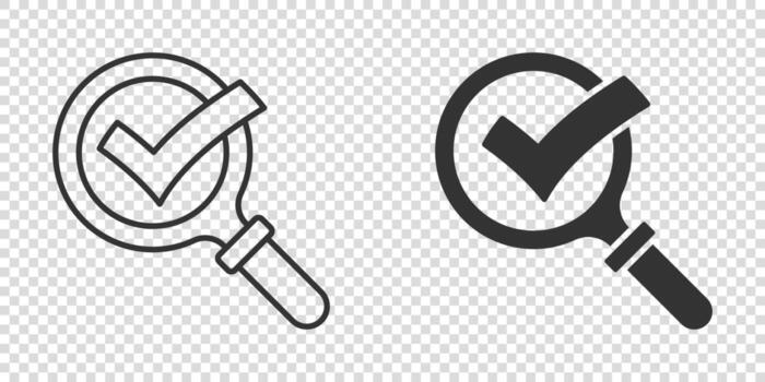 Check mark with magnifying glass icon in flat style. Loupe accept vector illustration on white isolated background. Search checklist business concept.