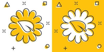 Leaf and chamomile icon in comic style. Flower with plant cartoon vector illustration on white isolated background. Eco power splash effect sign business concept.