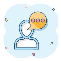 Man head mind thinking icon in comic style. Speech bubble with people vector cartoon illustration on white isolated background. Contemplating dialog business concept splash effect.